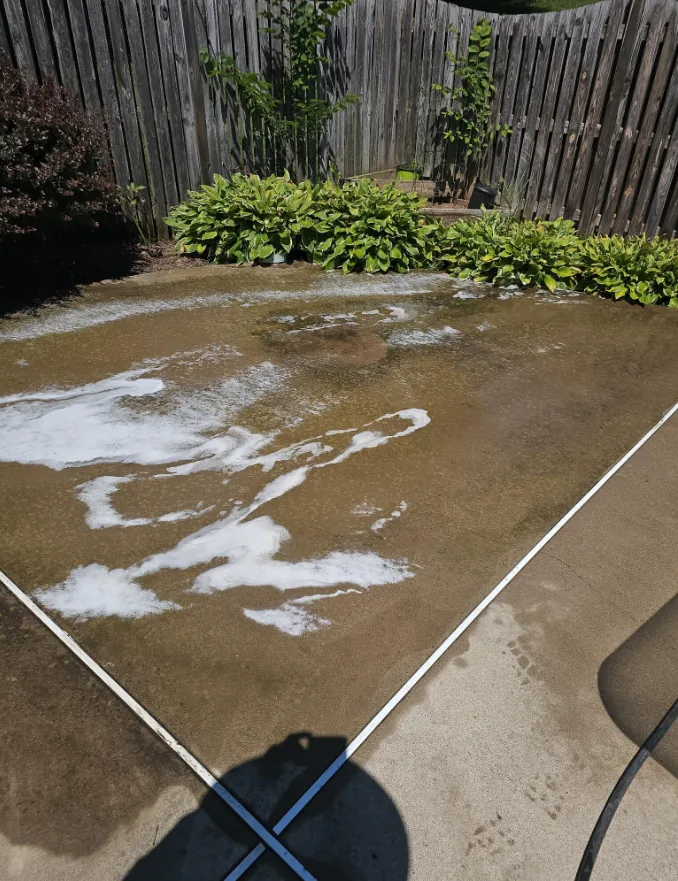 Concrete patio being deep cleaned with detergent foam, hostas along the fence line